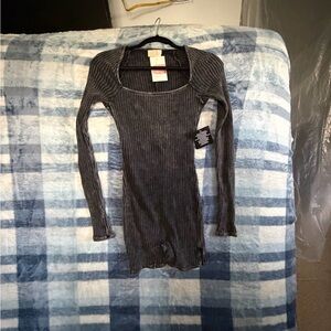 Luxe Charcoal Ribbed Long Sleeve Bodysuit